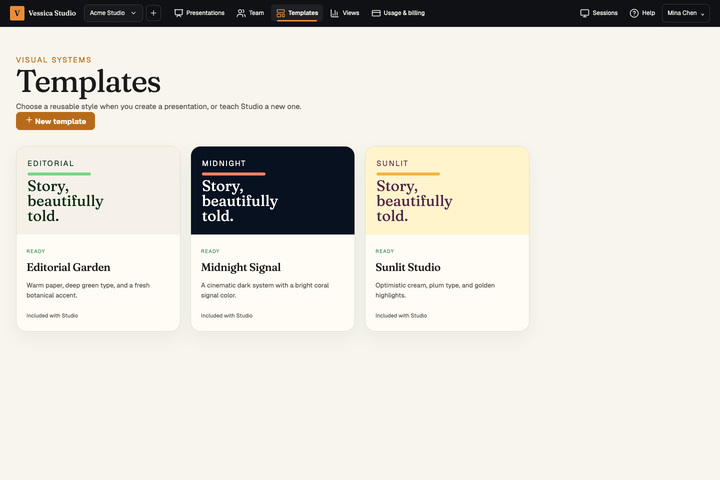 Vessica Studio Templates page with three included visual styles